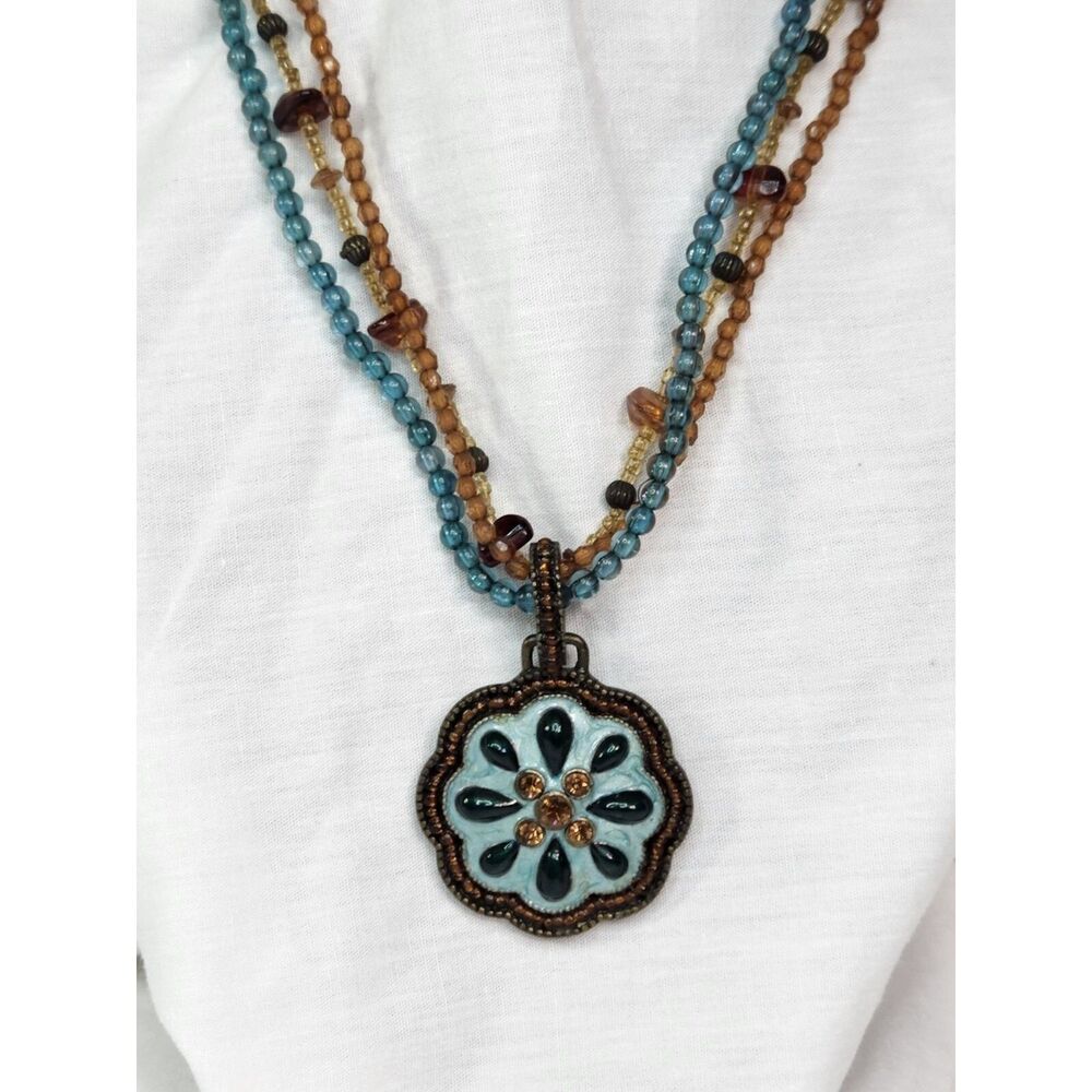 Vintage Boho Retro Turquoise Green Bronze Amber Bead Medallion Pendant Necklace